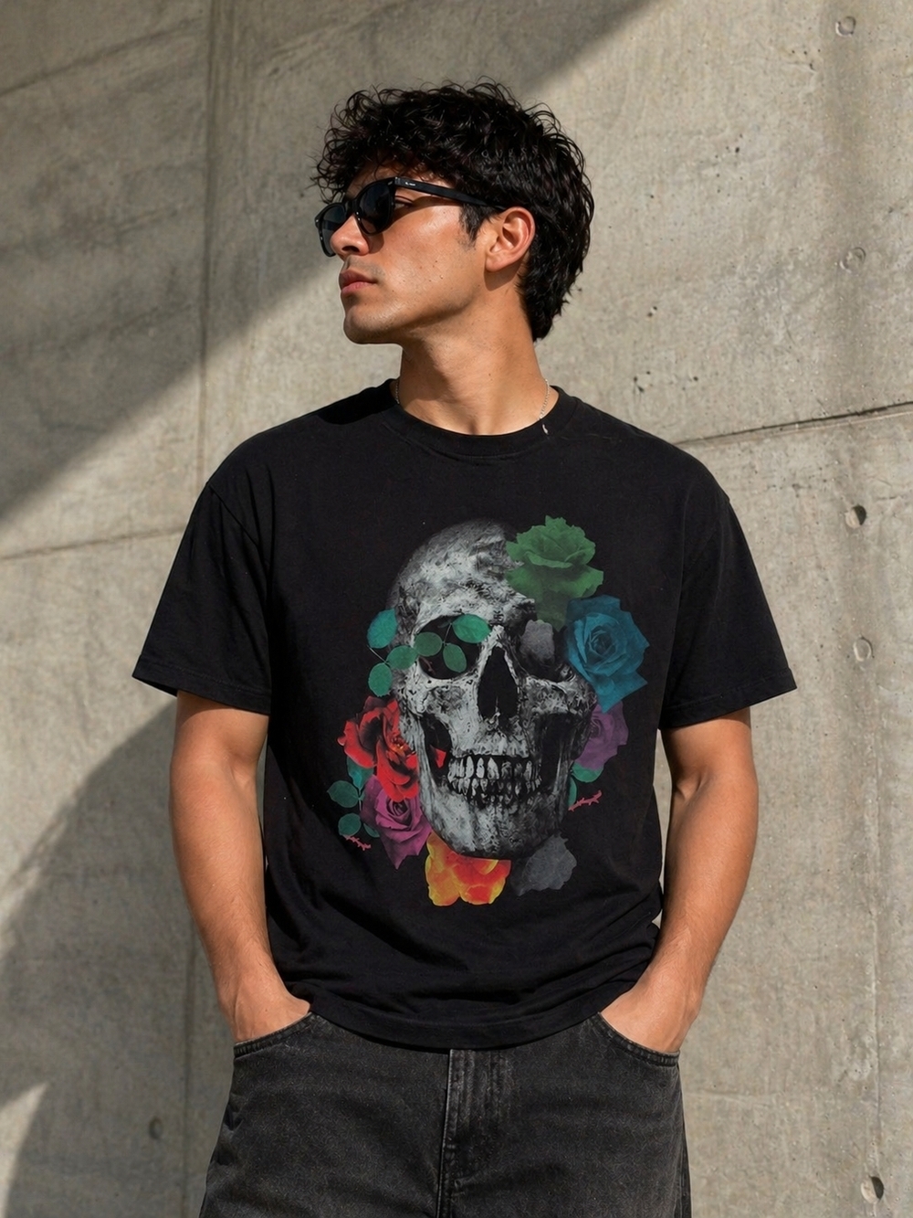 Guess Black Short Sleeve Tee with Colorful Skull & Floral Graphic